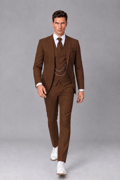 Savile Chocolate 3-Piece Suit with Notch Lapel & Chain Vest - Chocolate