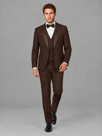 Savile Men's Chocolate Peak Lapel 3-Piece Tuxedo Suit | Jacket, Vest & Trousers - Chocolate