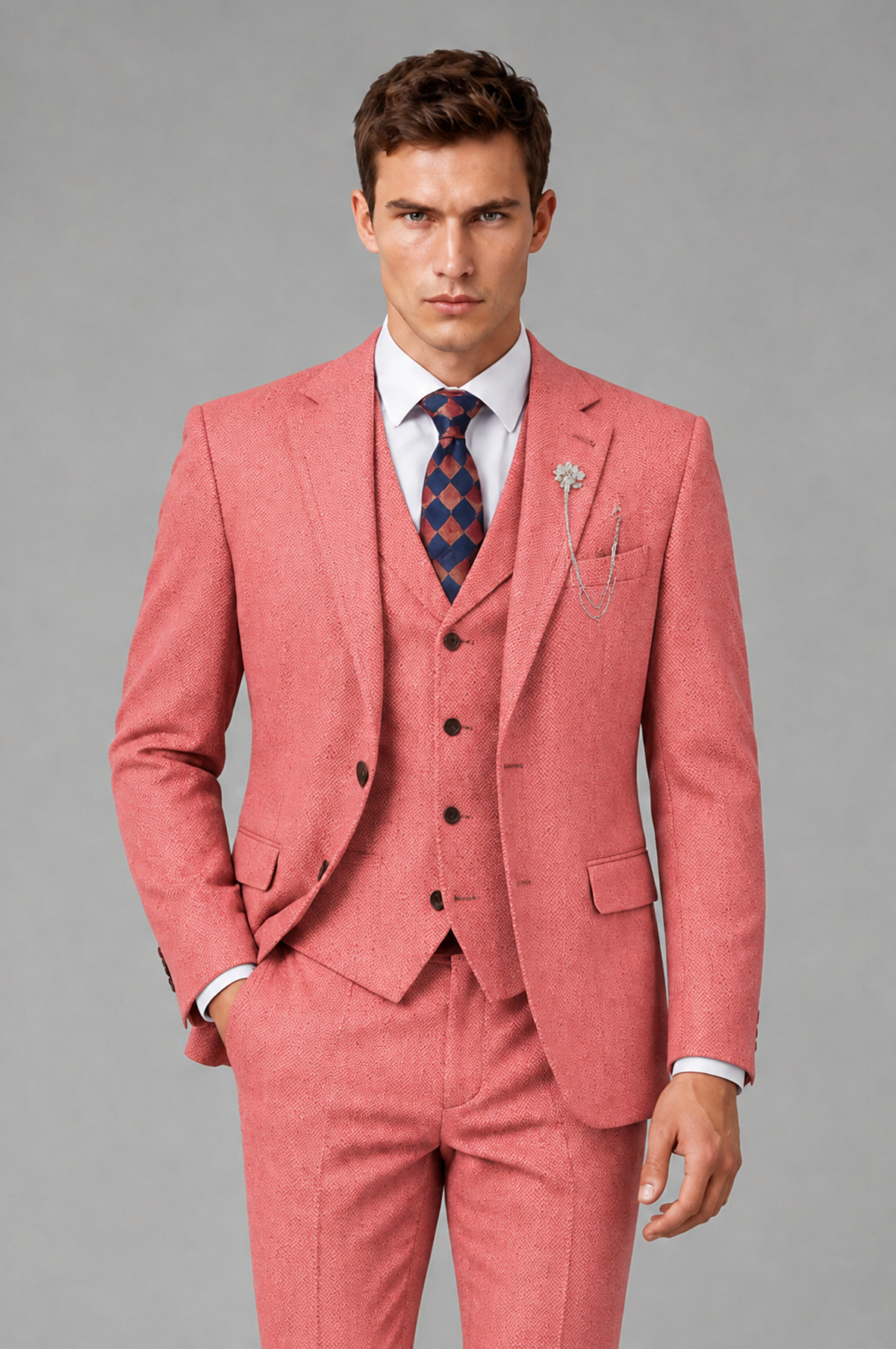 Savile Men's Grey Notch Lapel 3-Piece Suit Set | Jacket, Vest & Trousers - Coral - Coral