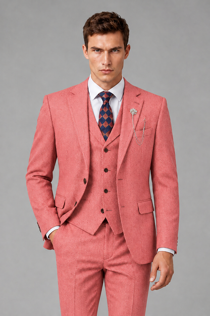 Savile Men's Grey Notch Lapel 3-Piece Suit Set | Jacket, Vest & Trousers - Coral - Coral