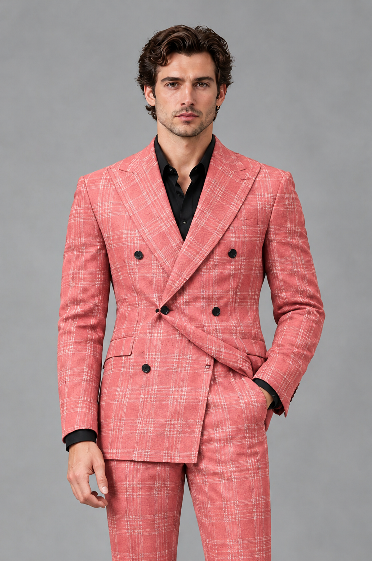 Savile Men's Rust Plaid 2-Piece Double-Breasted Suit – Peak Lapel Slim-Fit Jacket & Trousers Set - Coral - Coral