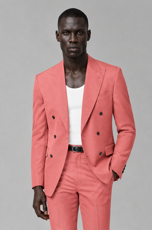 Savile Men's Coral Double Breasted Slim Fit 2-Piece Suit Set – Blazer & Trousers | Wedding Gala Formal - Coral - Coral_01
