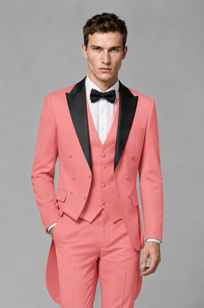 Savile Coral 3-Piece Tailcoat Tuxedo Suit with Black Peak Lapel - Coral - Coral_01