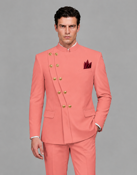 BOLODOO Men's Coral Asymmetrical Mandarin Collar Tuxedo Suit – Modern 2-Piece Gold Button Wedding, Prom & Gala Set - Coral - Coral_01