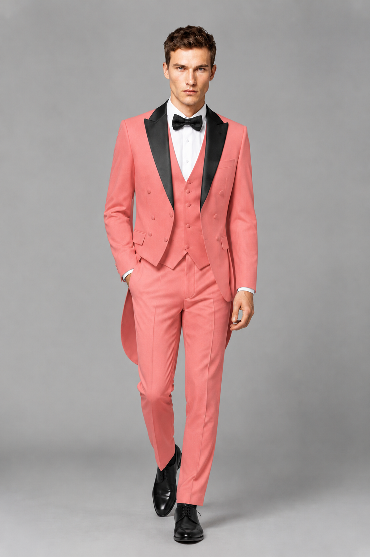 Savile Coral 3-Piece Tailcoat Tuxedo Suit with Black Peak Lapel - Coral - Coral_02