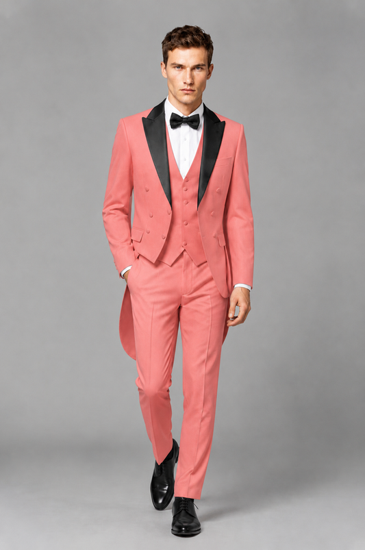 Savile Coral 3-Piece Tailcoat Tuxedo Suit with Black Peak Lapel - Coral - Coral_02