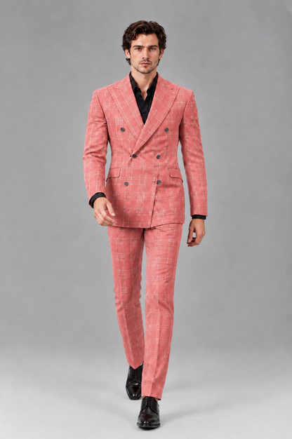 Savile Men's Rust Plaid 2-Piece Double-Breasted Suit – Peak Lapel Slim-Fit Jacket & Trousers Set - Coral - Coral