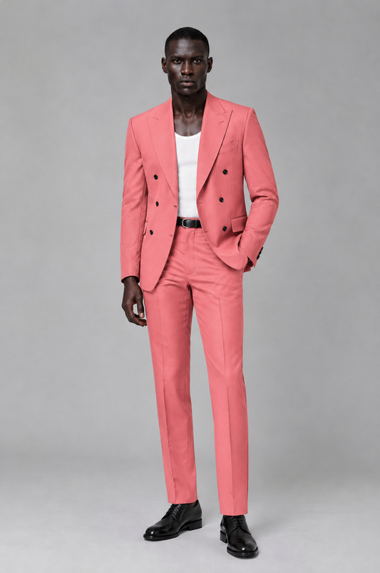 Savile Men's Coral Double Breasted Slim Fit 2-Piece Suit Set – Blazer & Trousers | Wedding Gala Formal - Coral - Coral_02