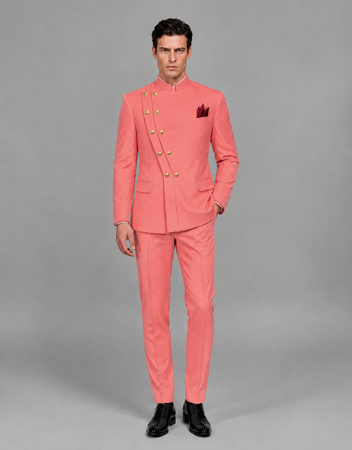 BOLODOO Men's Coral Asymmetrical Mandarin Collar Tuxedo Suit – Modern 2-Piece Gold Button Wedding, Prom & Gala Set - Coral - Coral_02