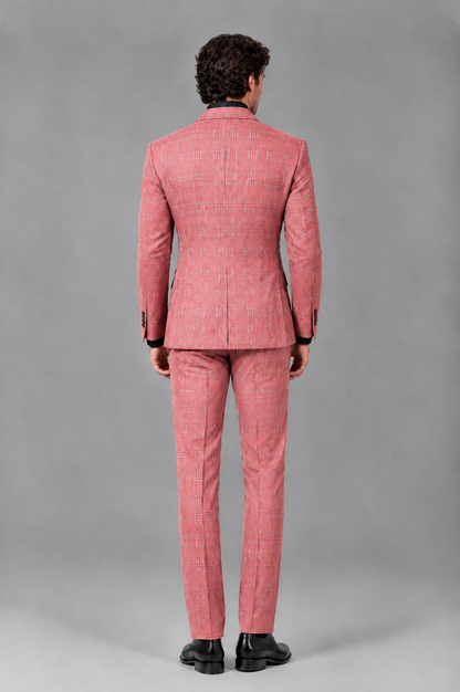 Savile Men's Rust Plaid 2-Piece Double-Breasted Suit – Peak Lapel Slim-Fit Jacket & Trousers Set - Coral - Coral