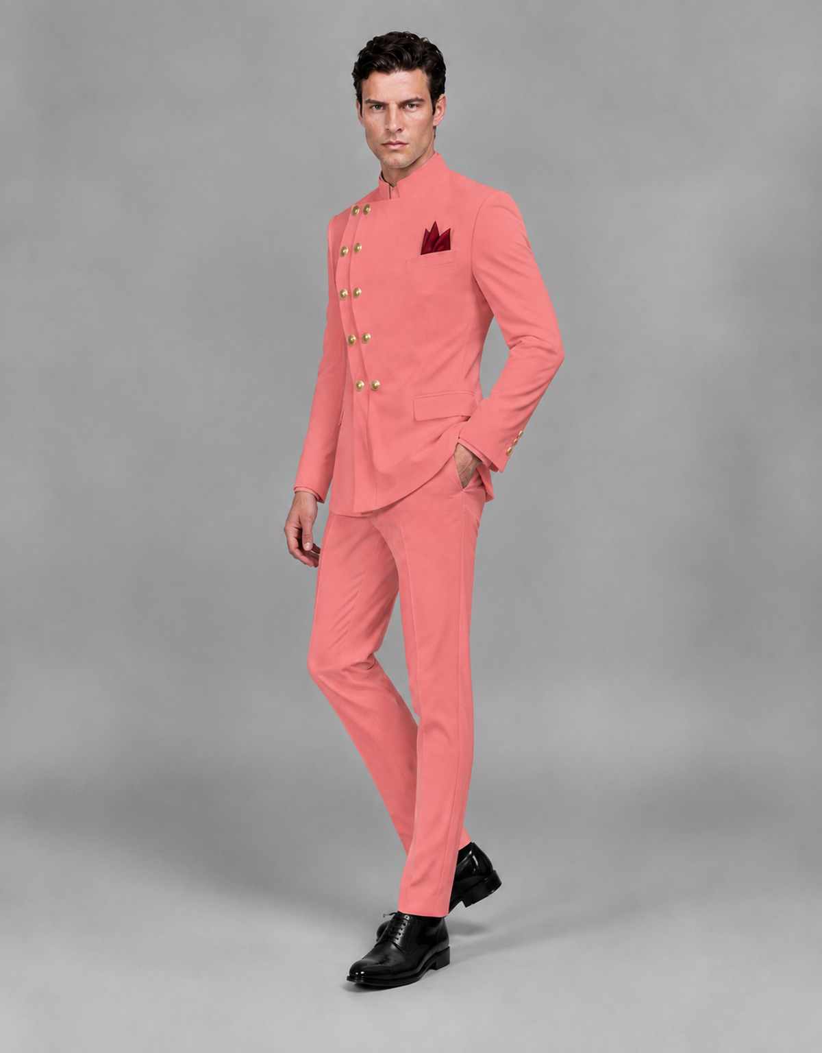 BOLODOO Men's Coral Asymmetrical Mandarin Collar Tuxedo Suit – Modern 2-Piece Gold Button Wedding, Prom & Gala Set - Coral - Coral_04