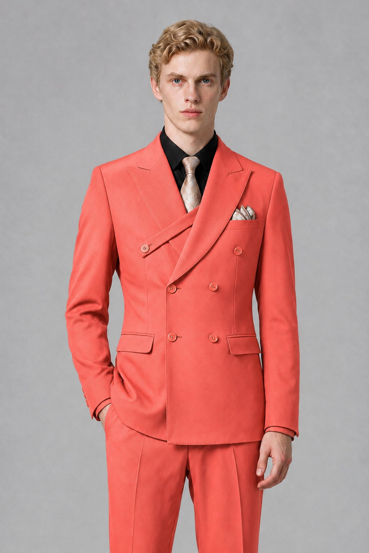 Savile Men's Coral Double-Breasted Two-Piece Suit - Coral