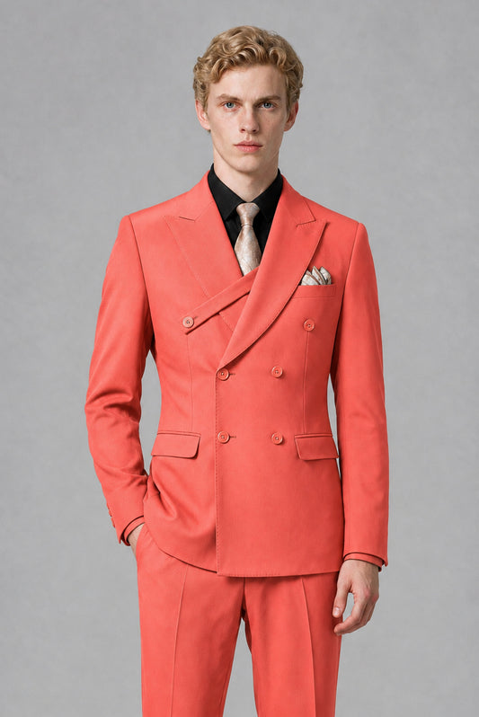 Savile Men's Coral Double-Breasted Two-Piece Suit - Coral