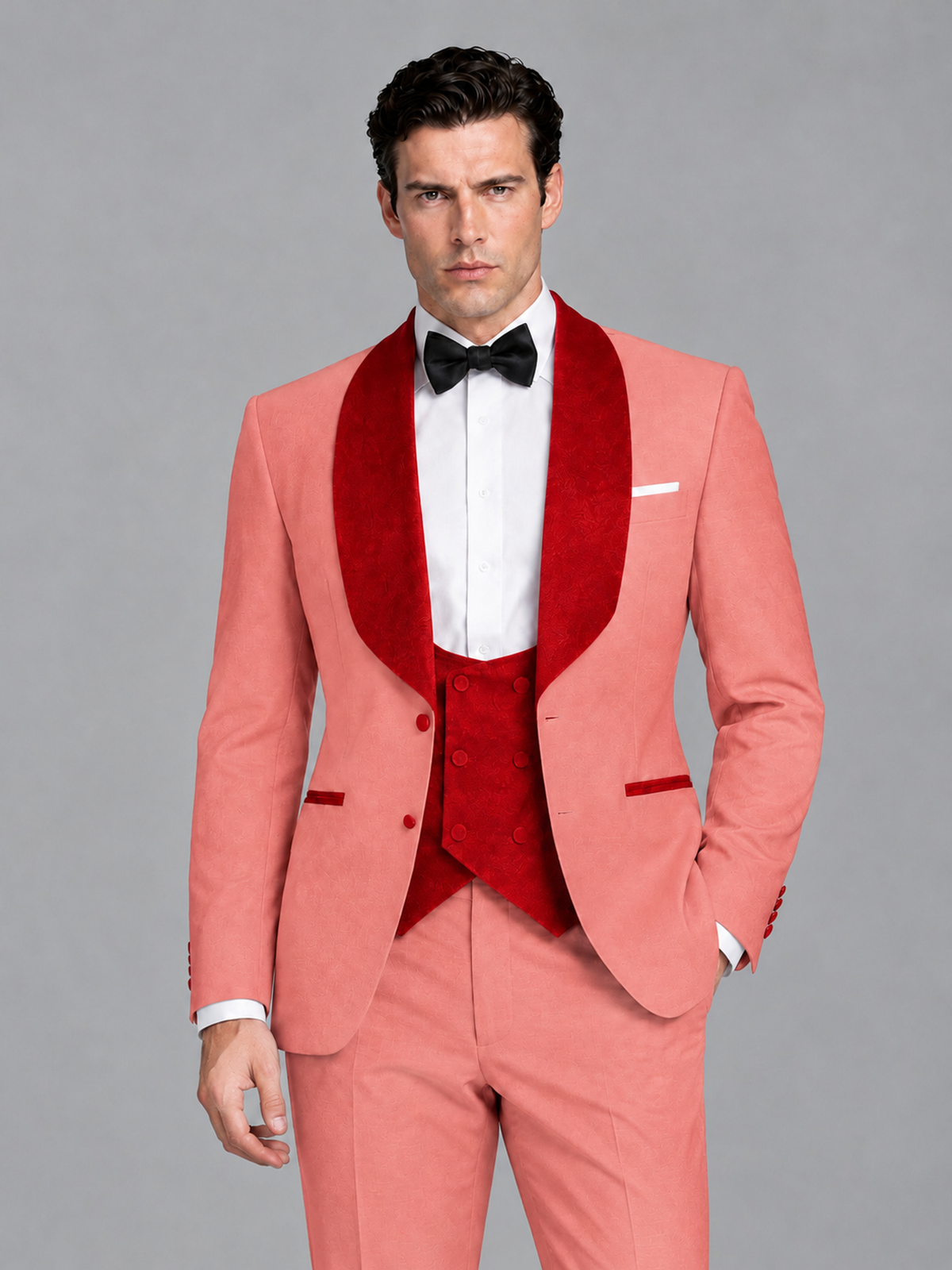 Savile Men's Coral 3-Piece Tuxedo Suit Set – Contrast Red Shawl Lapel Blazer, Red Waistcoat & Trousers - SUC020 - Coral