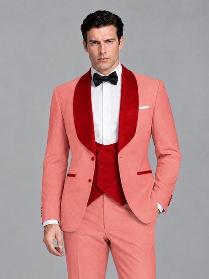 Savile Men's Coral 3-Piece Tuxedo Suit Set – Contrast Red Shawl Lapel Blazer, Red Waistcoat & Trousers - SUC020 - Coral