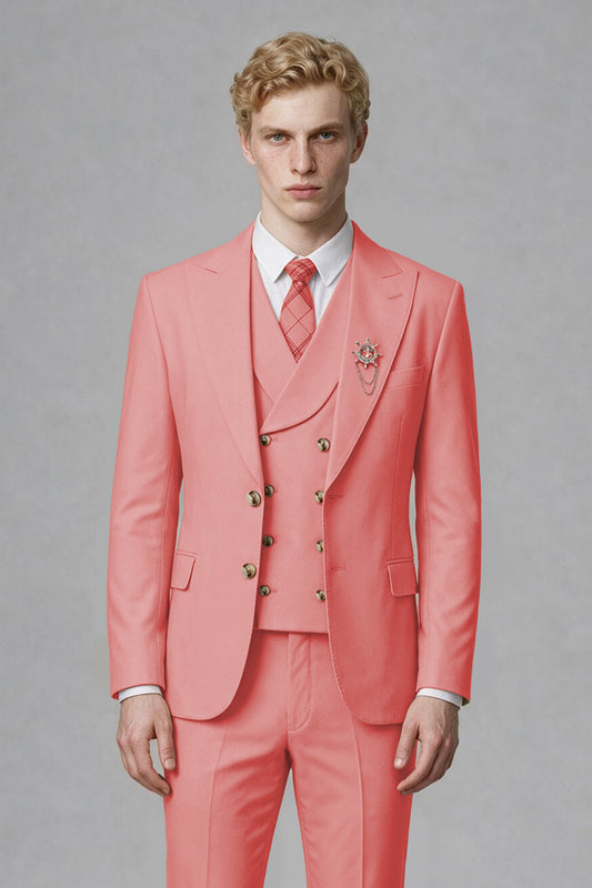 Savile Men's Coral Three-Piece Wedding Suit with Double-Breasted Waistcoat - Coral