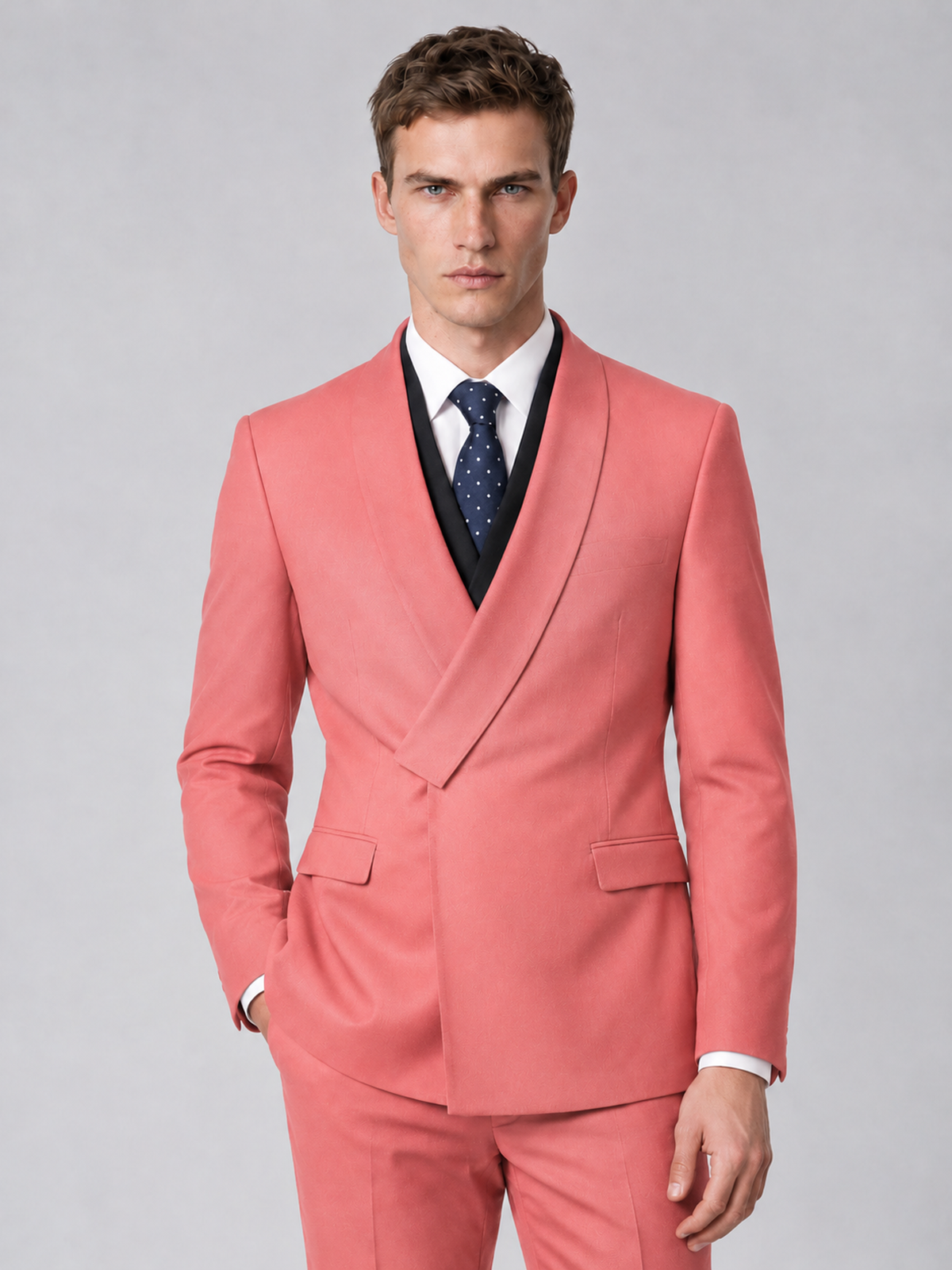 Savile Men's Coral Wrap Shawl Lapel 2-Piece Suit Set – Modern Jacket & Trousers - Coral - Coral_1