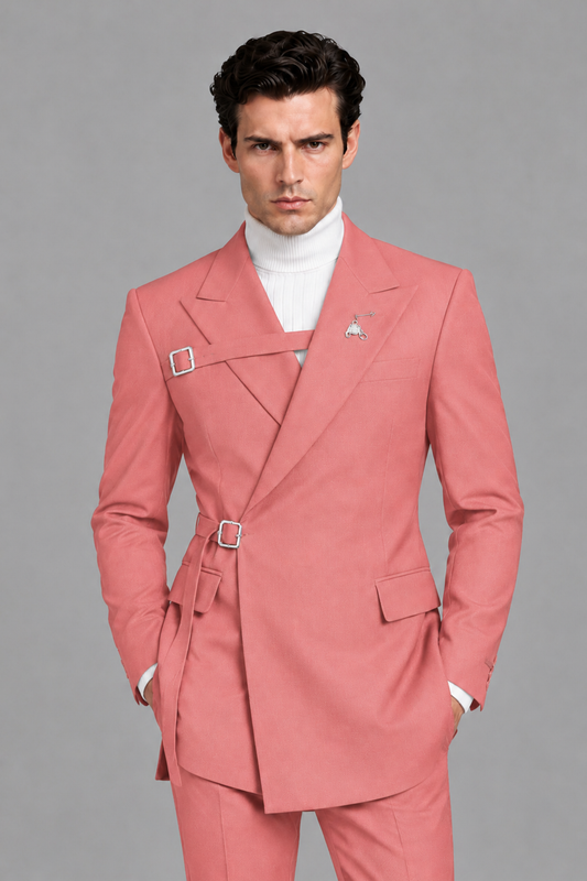 Savile Men's Coral Double Buckle Wrap Belted 2-Piece Suit Set – Peak Lapel Slim-Fit Jacket & Trousers - Coral - Coral_1