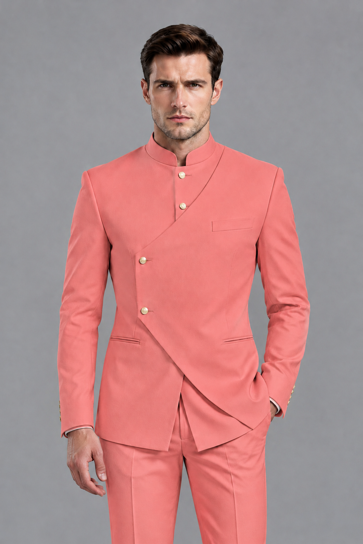 Savile Men's Coral Asymmetrical Mandarin Collar Tuxedo Suit – Modern 2-Piece Gold Button Wedding, Prom & Gala Set - Coral - Coral_1