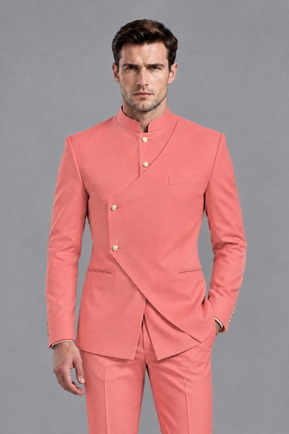 Savile Men's Coral Asymmetrical Mandarin Collar Tuxedo Suit – Modern 2-Piece Gold Button Wedding, Prom & Gala Set - Coral - Coral_1