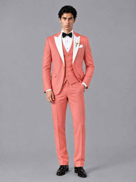 Savile Men's Coral Contrast White Peak Lapel 3-Piece Tuxedo Suit - Coral