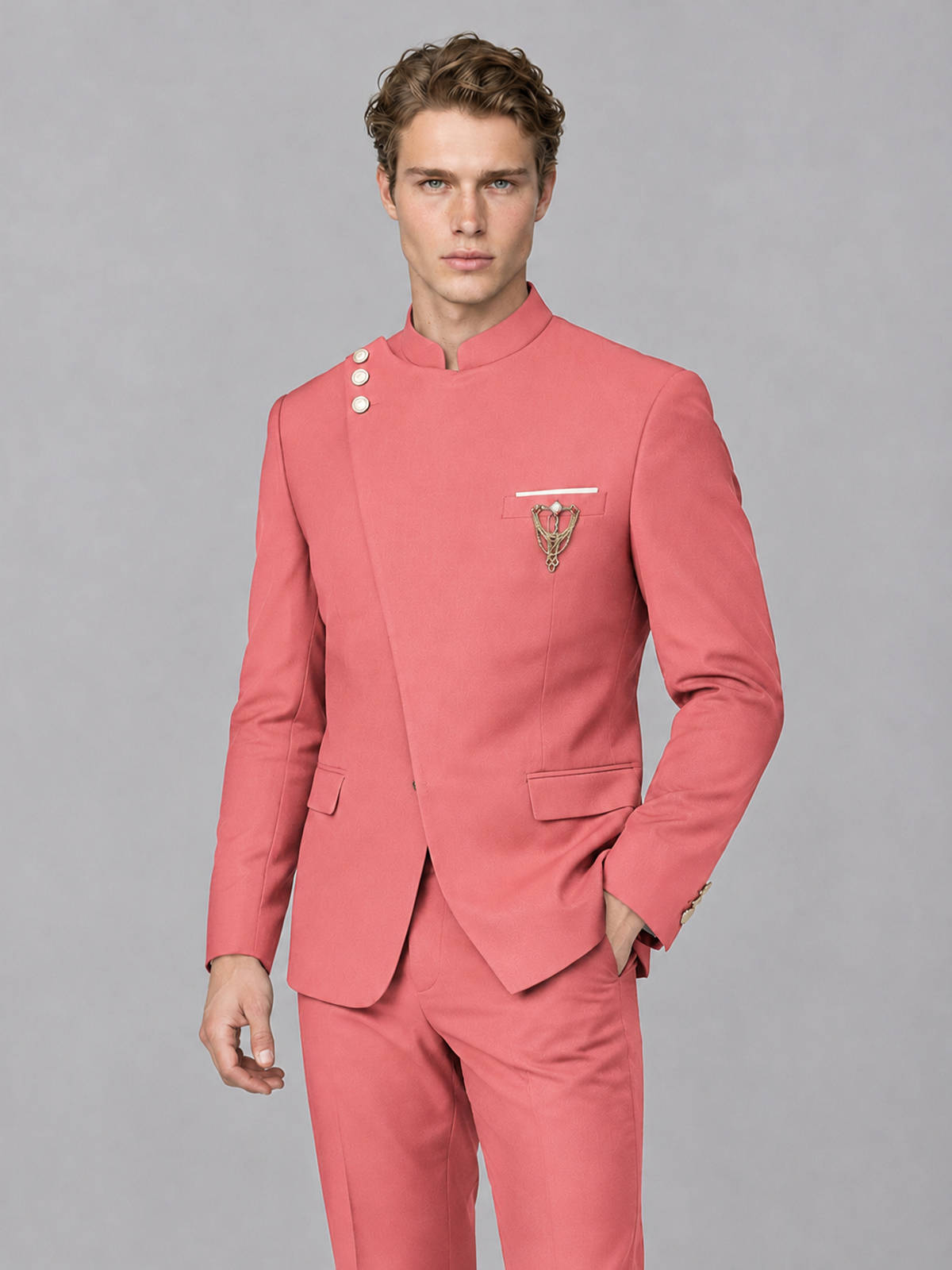 Savile Men's Coral Mandarin Collar Asymmetrical 2-Piece Suit Set – Modern Jacket & Trousers - Coral - Coral_1