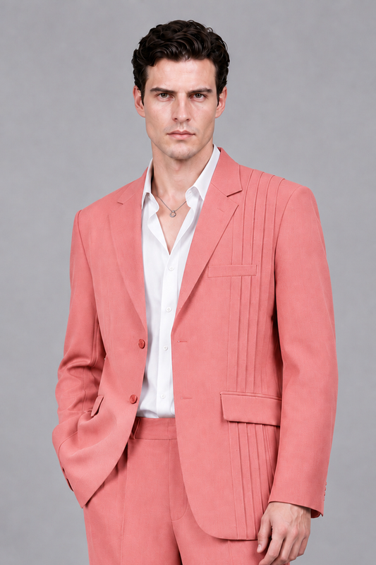 Savile Men's Coral Pleated 2-Piece Suit Set | Notch Lapel Blazer & Tailored Trousers - Coral - Coral_1