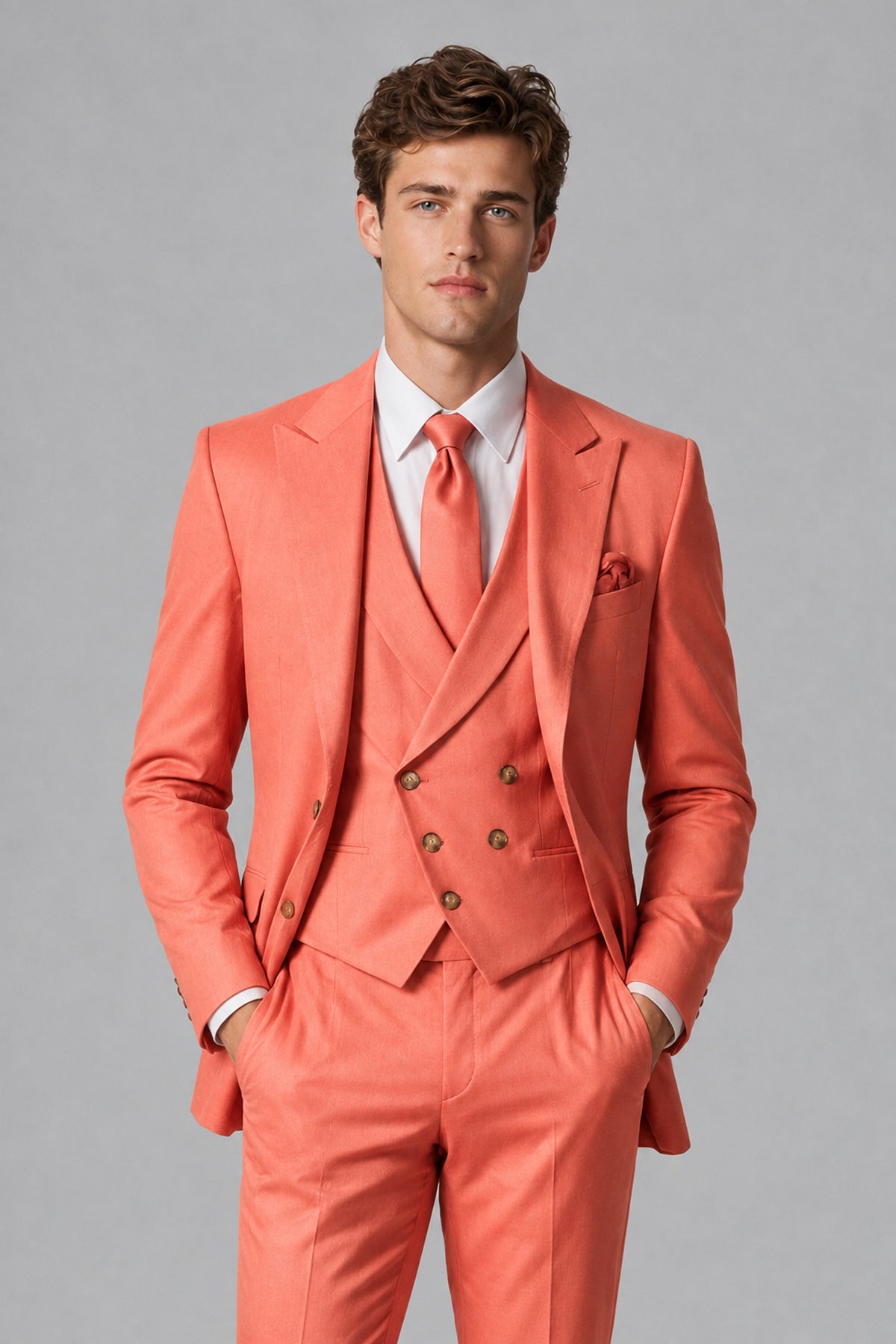 Savile Men's Dusty Coral 3-Piece Suit – Jacket, Vest & Trousers | QX0113 - Coral