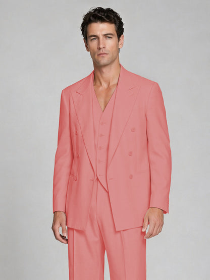 Men's Coral Double-Breasted 2-Piece Suit – Peak Lapel Wedding & Beach Formal Set with Vest - Coral