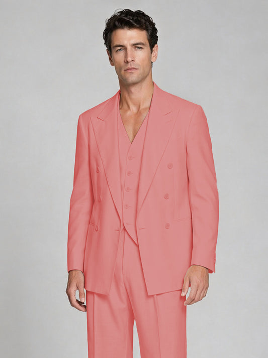 Men's Coral Double-Breasted 2-Piece Suit – Peak Lapel Wedding & Beach Formal Set with Vest - Coral