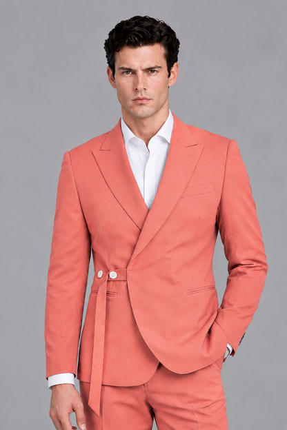 Savile Men's Modern Coral 2-Piece Wrap Suit Set – Peak Lapel Side-Button Blazer & Tailored Trousers - Coral - Coral_1