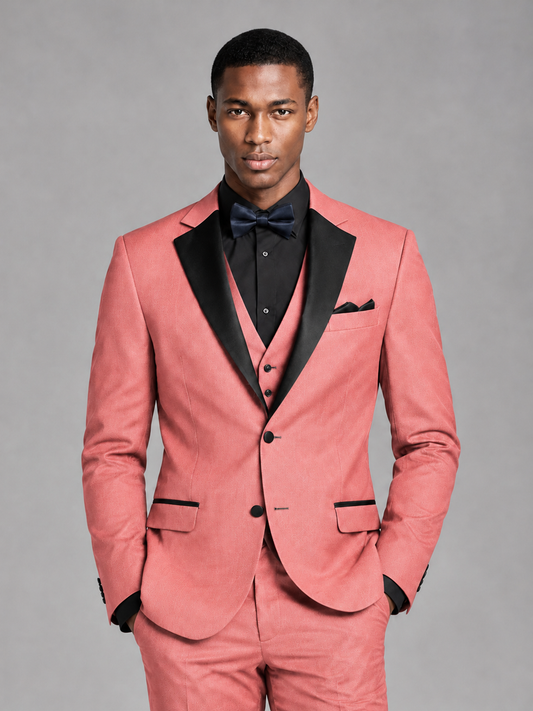 Savile Men's Coral Contrast Shawl Lapel Tuxedo Suit – 3-Piece Wedding, Prom & Black-Tie Formal Set - Coral - Coral_1