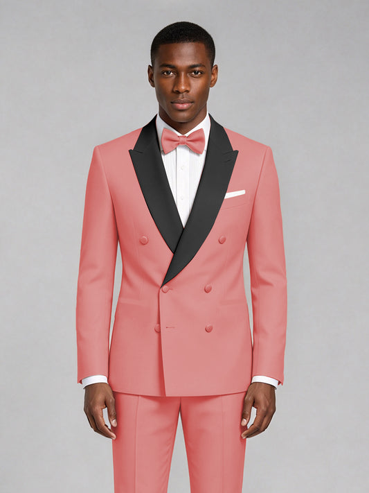 Men's Coral Double-Breasted Tuxedo Suit – Satin Shawl Lapel Coral-Tie Wedding & Gala 2-Piece Set - Coral