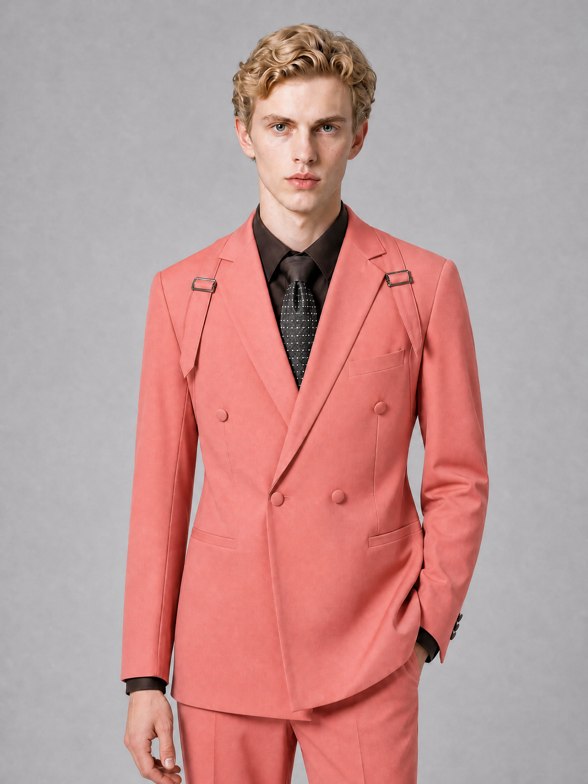 Men's Light Coral Double-Breasted Slim Fit 2-Piece Suit – Peak Lapel Wedding & Business Formal Set - Coral - Coral_1