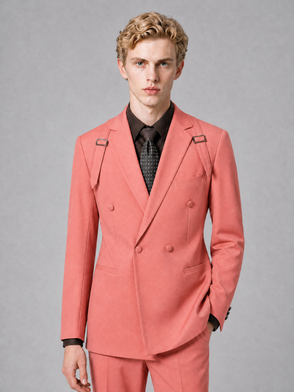 Men's Light Coral Double-Breasted Slim Fit 2-Piece Suit – Peak Lapel Wedding & Business Formal Set - Coral - Coral_1