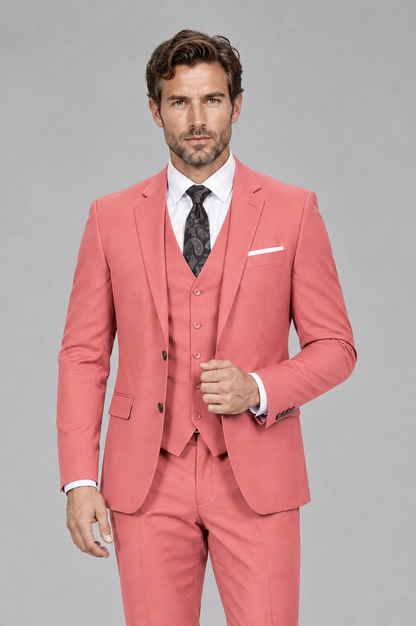 Savile Men's Coral 3-Piece Suit Set – Notch Lapel Blazer, Vest & Trousers - Coral - Coral_1