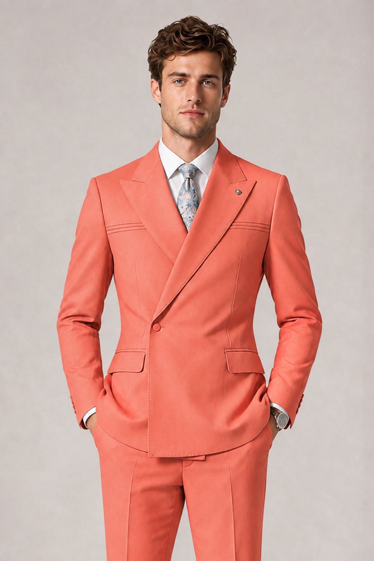 Savile Men's Coral Double-Breasted Slim Fit 2-Piece Suit Set – Peak Lapel Blazer & Cuffed Trousers | Wedding Prom Formal - Coral
