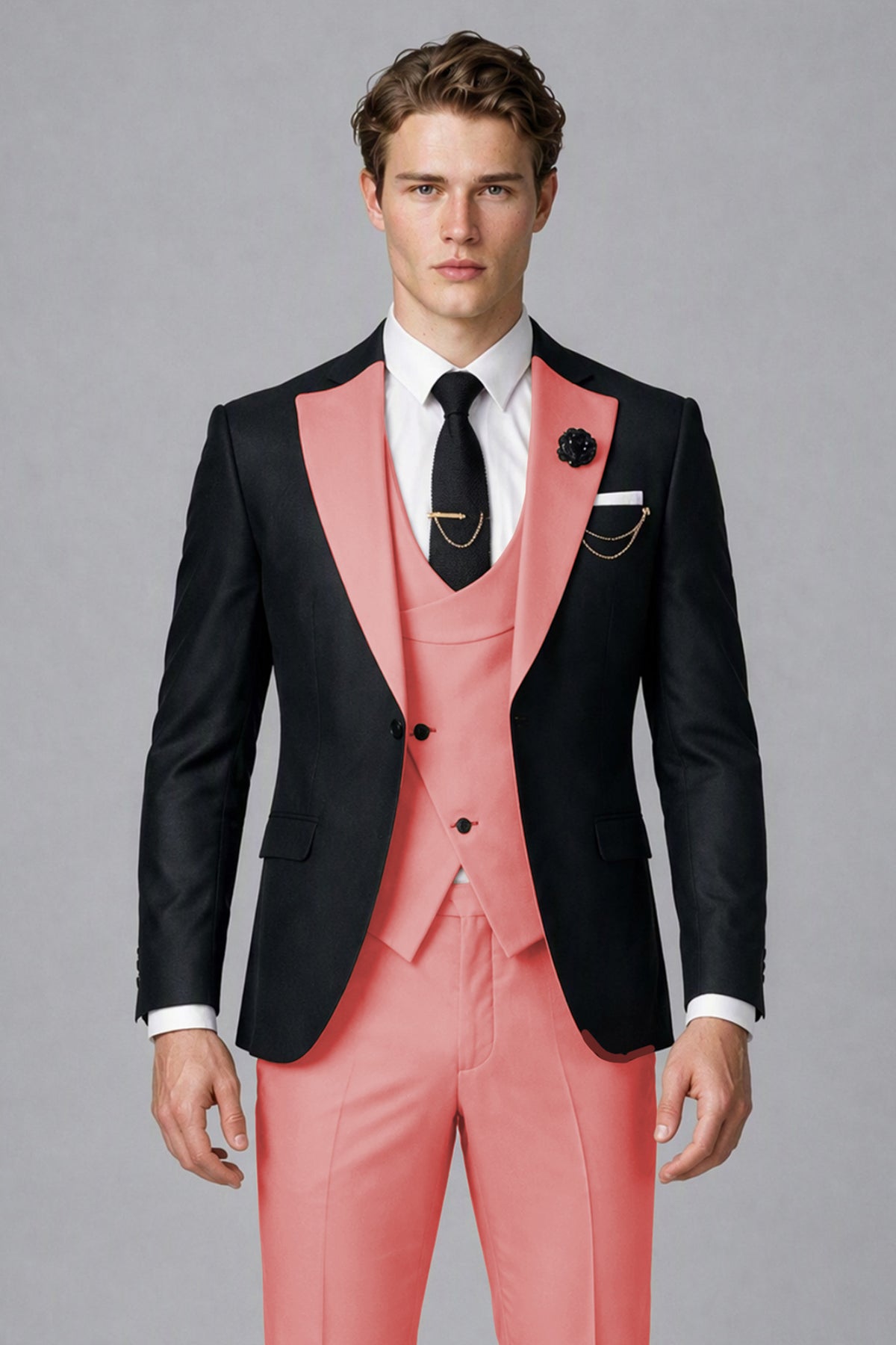 Savile Men's Black & Coral Three-Piece Wedding Suit - Coral