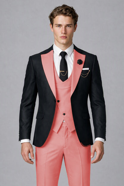 Savile Men's Black & Coral Three-Piece Wedding Suit - Coral