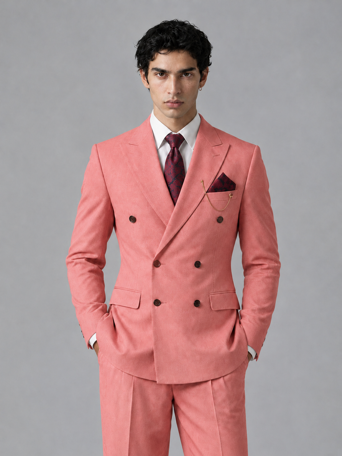 Savile Men's Coral Double-Breasted 2-Piece Suit Set – Peak Lapel Blazer & Pleated Wide-Leg Trousers - Coral - Coral_1