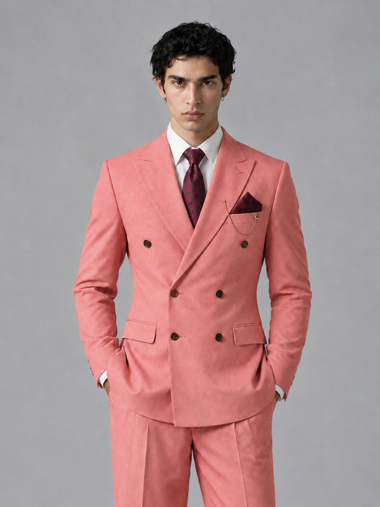 Savile Men's Coral Double-Breasted 2-Piece Suit Set – Peak Lapel Blazer & Pleated Wide-Leg Trousers - Coral - Coral_1