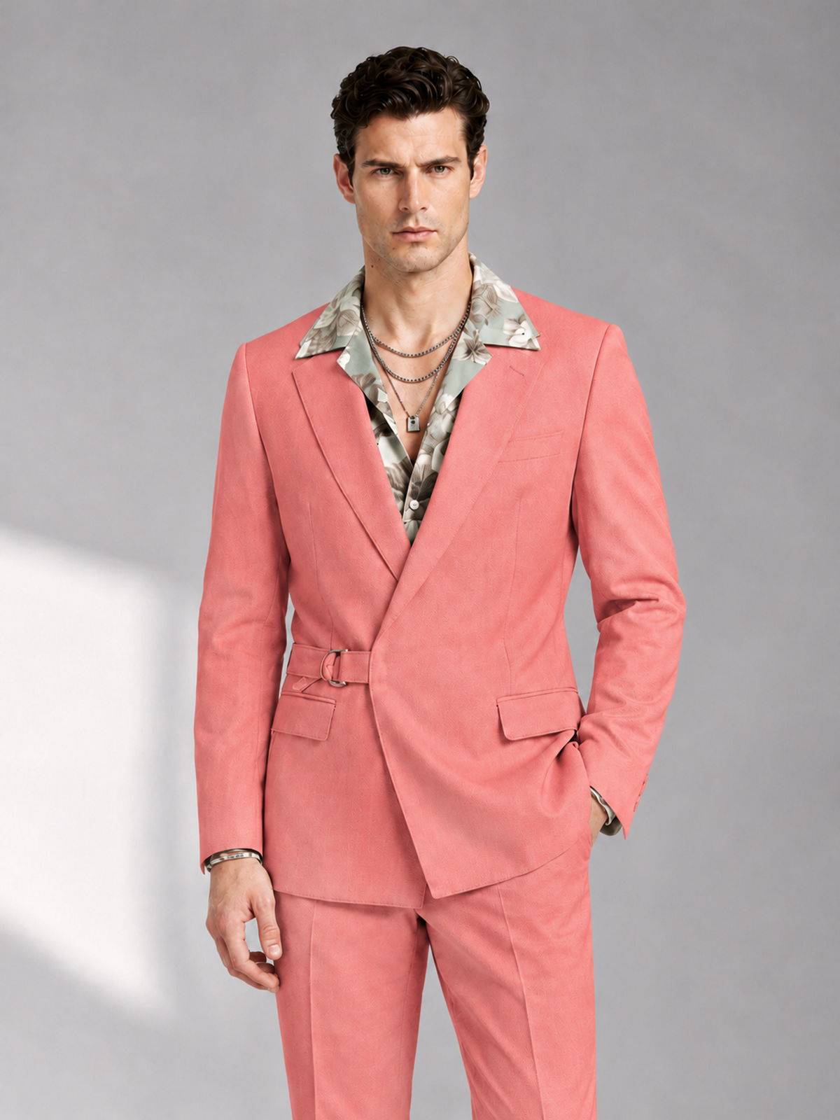 Savile Men's Coral Belted Wrap 2-Piece Suit – Peak Lapel Blazer & Tailored Trousers - SUC060 - Coral - Coral_1
