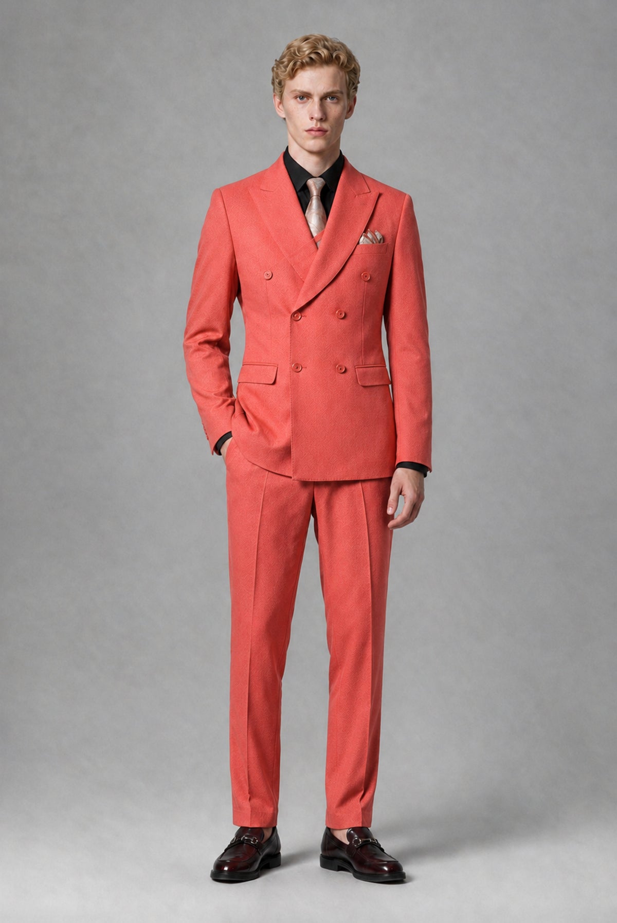 Savile Men's Coral Double-Breasted Two-Piece Suit - Coral