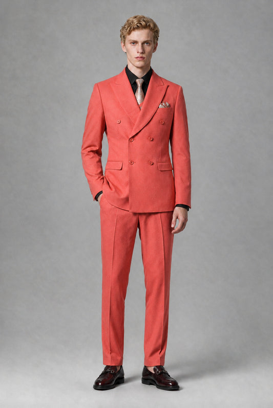 Savile Men's Coral Double-Breasted Two-Piece Suit - Coral