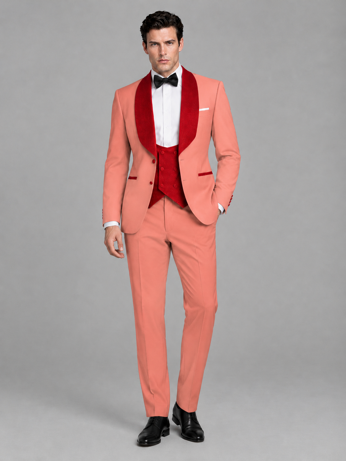 Savile Men's Coral 3-Piece Tuxedo Suit Set – Contrast Red Shawl Lapel Blazer, Red Waistcoat & Trousers - SUC020 - Coral