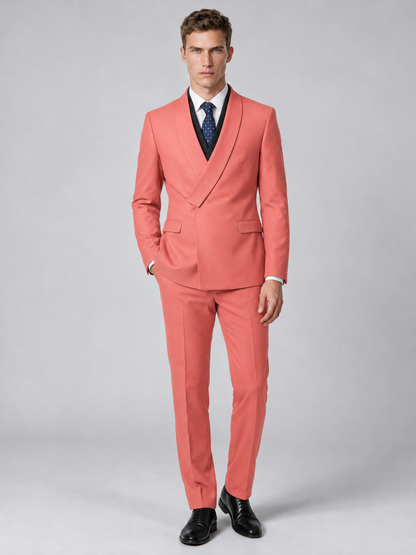 Savile Men's Coral Wrap Shawl Lapel 2-Piece Suit Set – Modern Jacket & Trousers - Coral - Coral_2