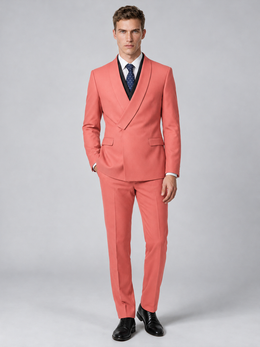 Savile Men's Coral Wrap Shawl Lapel 2-Piece Suit Set – Modern Jacket & Trousers - Coral - Coral_2