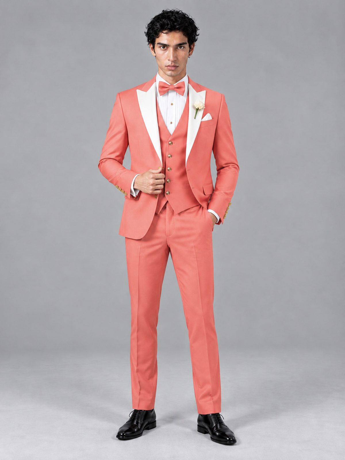 Savile Men's Coral Contrast White Peak Lapel 3-Piece Tuxedo Suit - Coral