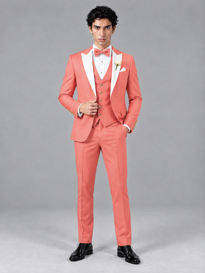 Savile Men's Coral Contrast White Peak Lapel 3-Piece Tuxedo Suit - Coral