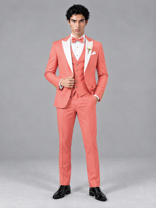 Savile Men's Coral Contrast White Peak Lapel 3-Piece Tuxedo Suit - Coral